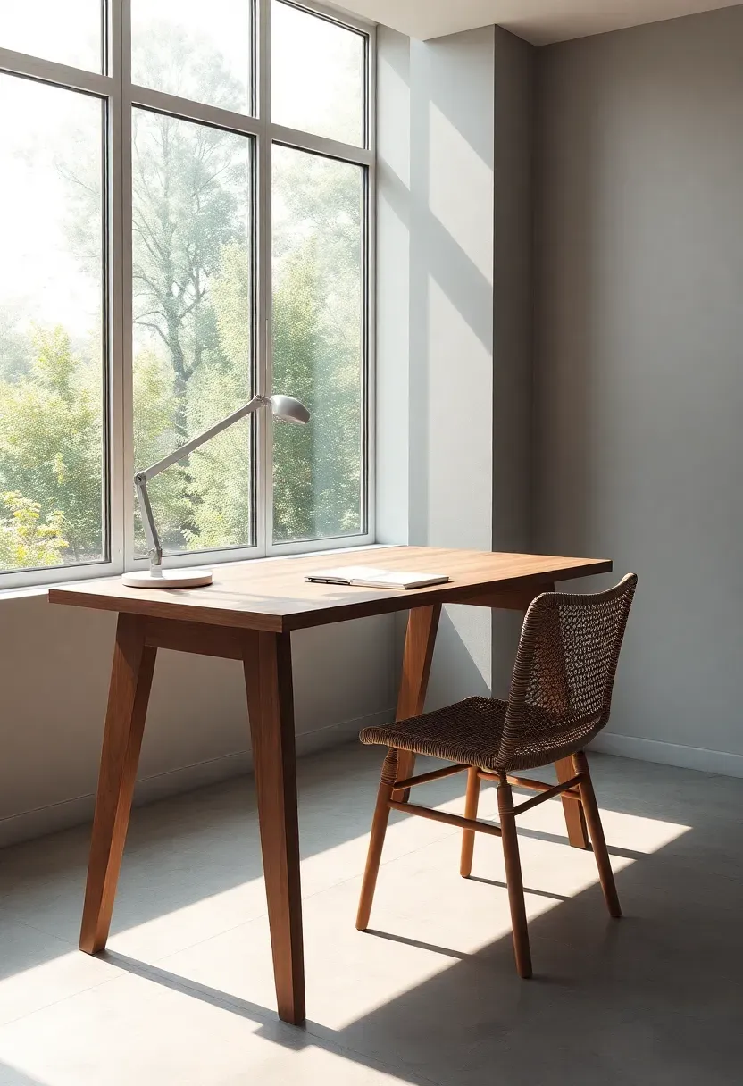 Daylight basement office with large windows, light gray walls, and a walnut standing desk facing the window