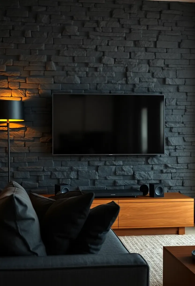 Dramatic living room with dark charcoal stacked stone veneer accent wall behind a large flat screen TV with warm side lighting