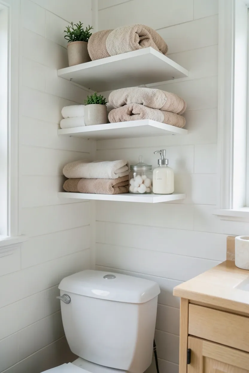Natural wood floating shelves above toilet in a small rental bathroom, styled with rolled towels, green plant, and woven basket