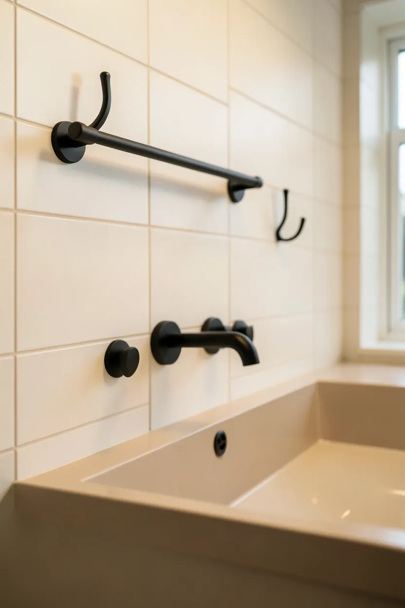 Matte black hardware including faucet, towel bar, and robe hook against white tile in a modern bathroom