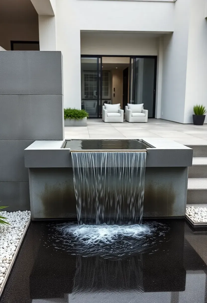 Modern poured concrete weir waterfall with smooth geometric form and a wide curtain of water falling into a rectangular reflecting pool