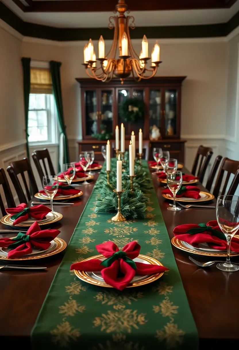 Hyper-realistic wide shot of a formal dining table set for Christmas dinner, long emerald green table runner with gold pinecone pattern, deep red napkins tied with green velvet ribbon at each place, gold-rimmed white china plates, miniature Grinch ornaments at each setting, centerpiece of fresh green garland with white tapered candles in gold holders down center, crystal water glasses, silver flatware. Dark wood dining table with turned legs, cream walls with wainscoting, chandelier with warm bulbs overhead, windows with green velvet drapes partially visible. Materials: linen, velvet, crystal, gold, fresh pine. Warm candlelight creating intimate atmosphere with soft shadows. Elegant festive mood. Shallow depth of field showing table setting details while capturing full dining room context with buffet hutch in background. No text, no logos, no watermarks.</p>