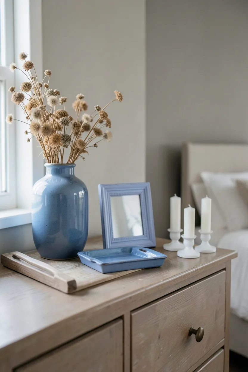 Hyper-realistic eye-level photograph of bedroom dresser surface with collection of periwinkle blue decorative accessories arranged aesthetically. Ceramic vase with dried flowers, small blue picture frame, blue decorative tray, white candles in holders. Neutral walls, glimpses of bed in background. Materials: ceramic blue vase, periwinkle frame, painted wood tray, white candle holders. Soft natural light from window, curated elegant atmosphere. Shallow depth of field, sharp details on accessories, balanced composition showing dresser arrangement. No text, no logos, no watermarks.</p>