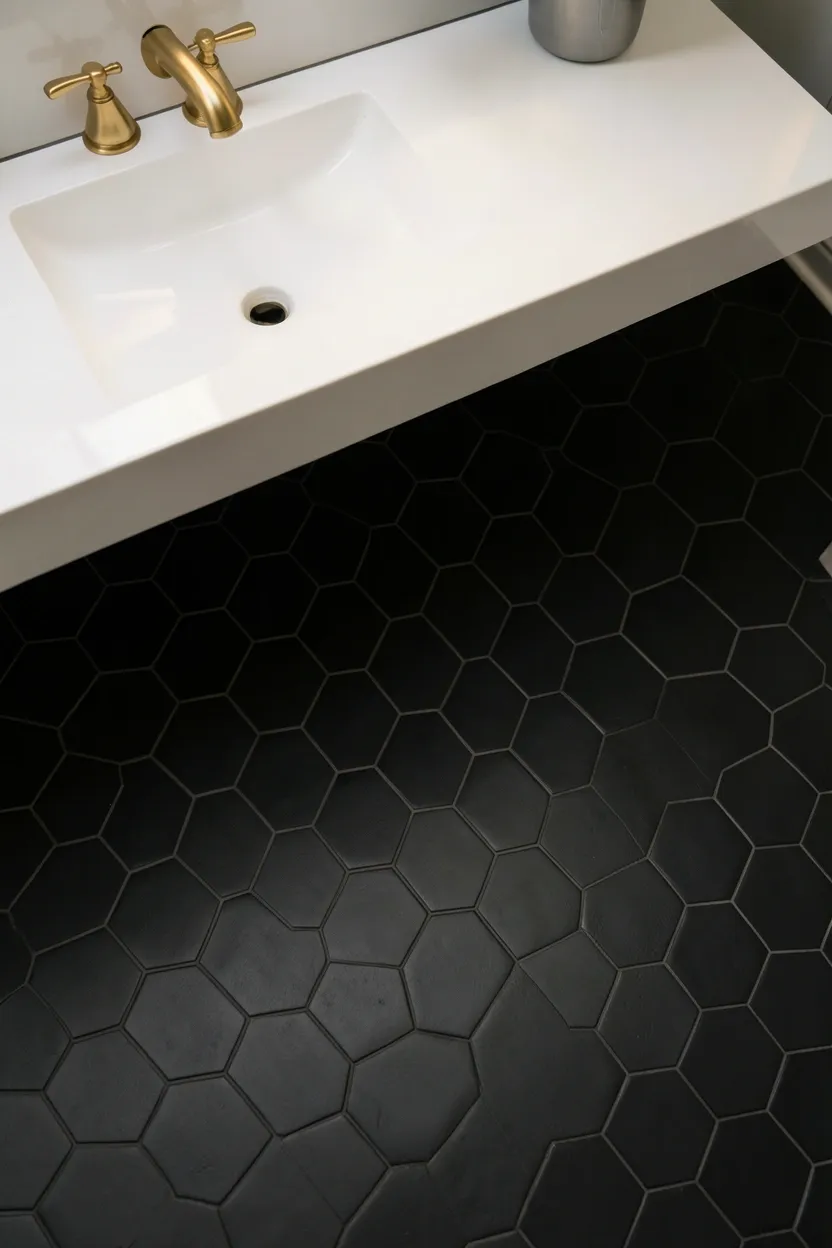 Matte black hexagonal floor tiles with white grout in a small bathroom — geometric budget tile upgrade