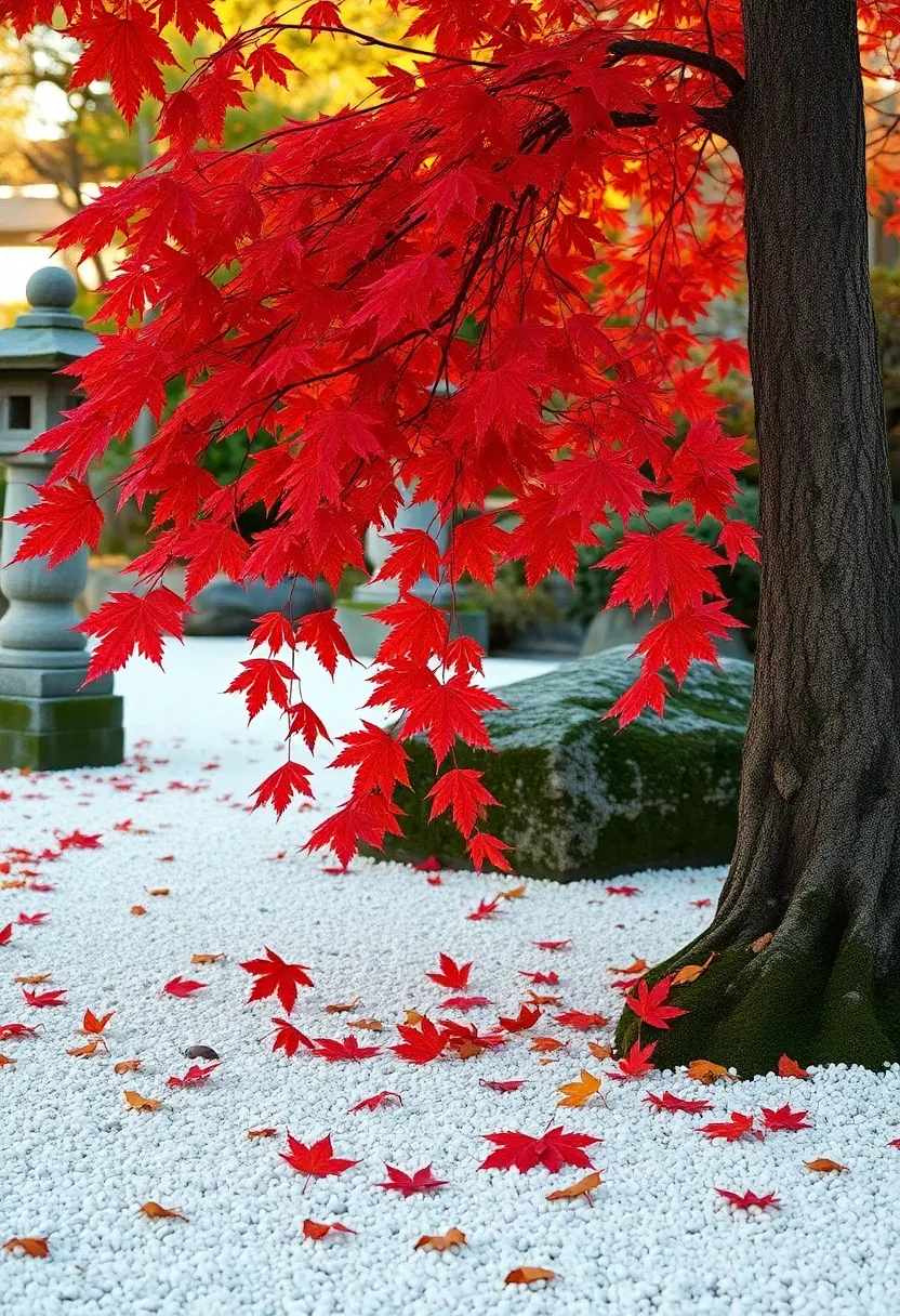 Japanese maple and gravel zen garden in autumn with brilliant red maple leaves scattered across raked white gravel and a moss-covered stone lantern in warm late afternoon light