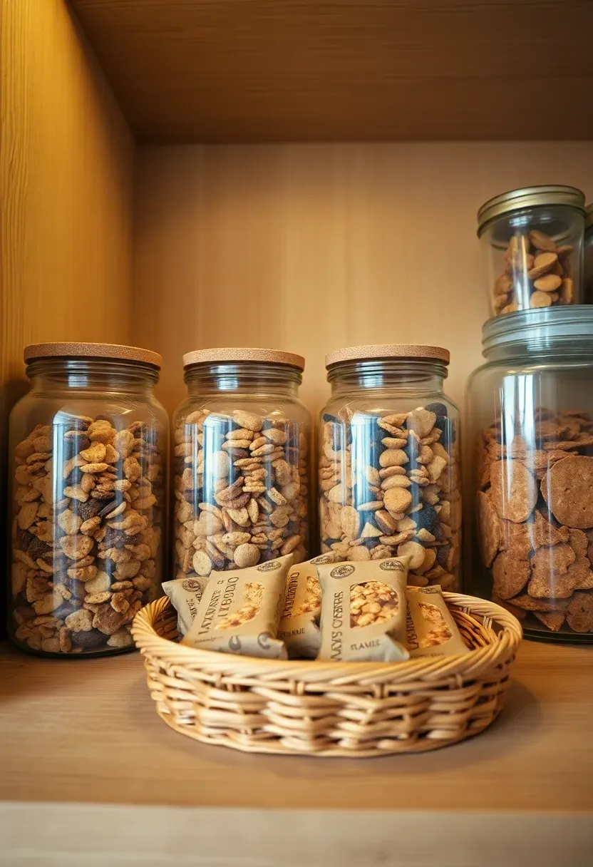 Pantry shelf with four matching clear glass jars with cork lids containing trail mix, granola, crackers, and dried fruit, a small woven rattan tray holding individually wrapped cereal bars in front, shelving above with other goods