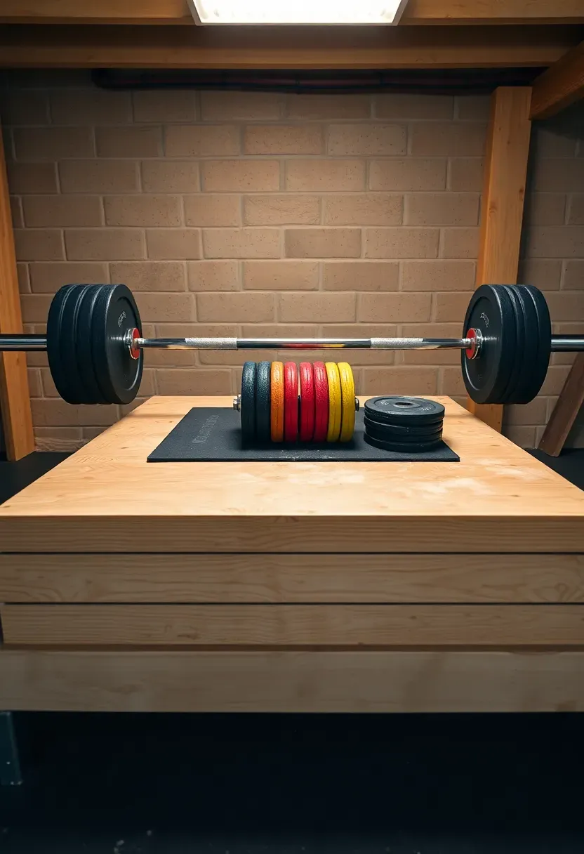 Custom-built wooden deadlift platform with horse stall mat surface in a basement gym, barbell loaded with bumper plates