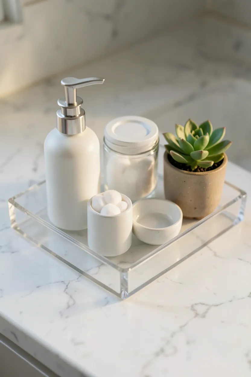 Marble acrylic vanity tray on a rental bathroom counter styled with soap dispenser, cotton jar, and small succulent — organized budget decor