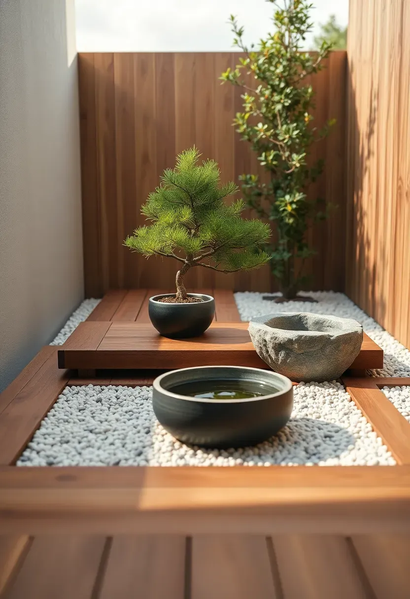 Zen-inspired terrace corner with a low wooden platform, raked gravel border, bonsai tree, stone water basin, and soft diffused sunlight