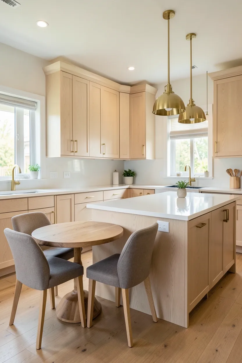 Hyper-realistic wide shot of a modern kitchen integrating dining area. White oak shaker cabinets throughout kitchen. Small round dining table in white oak with visible grain sits in corner. Two upholstered chairs in warm gray fabric provide seating. Large island in same white oak with waterfall edge serves as additional dining surface. White quartz countertop extends along walls. Brass hardware on cabinets. Three brass pendant lights over island provide ambient lighting. Natural light from windows creates warm inviting atmosphere. Clean surfaces ready for both cooking and dining. No text, no logos, no watermarks.</p>