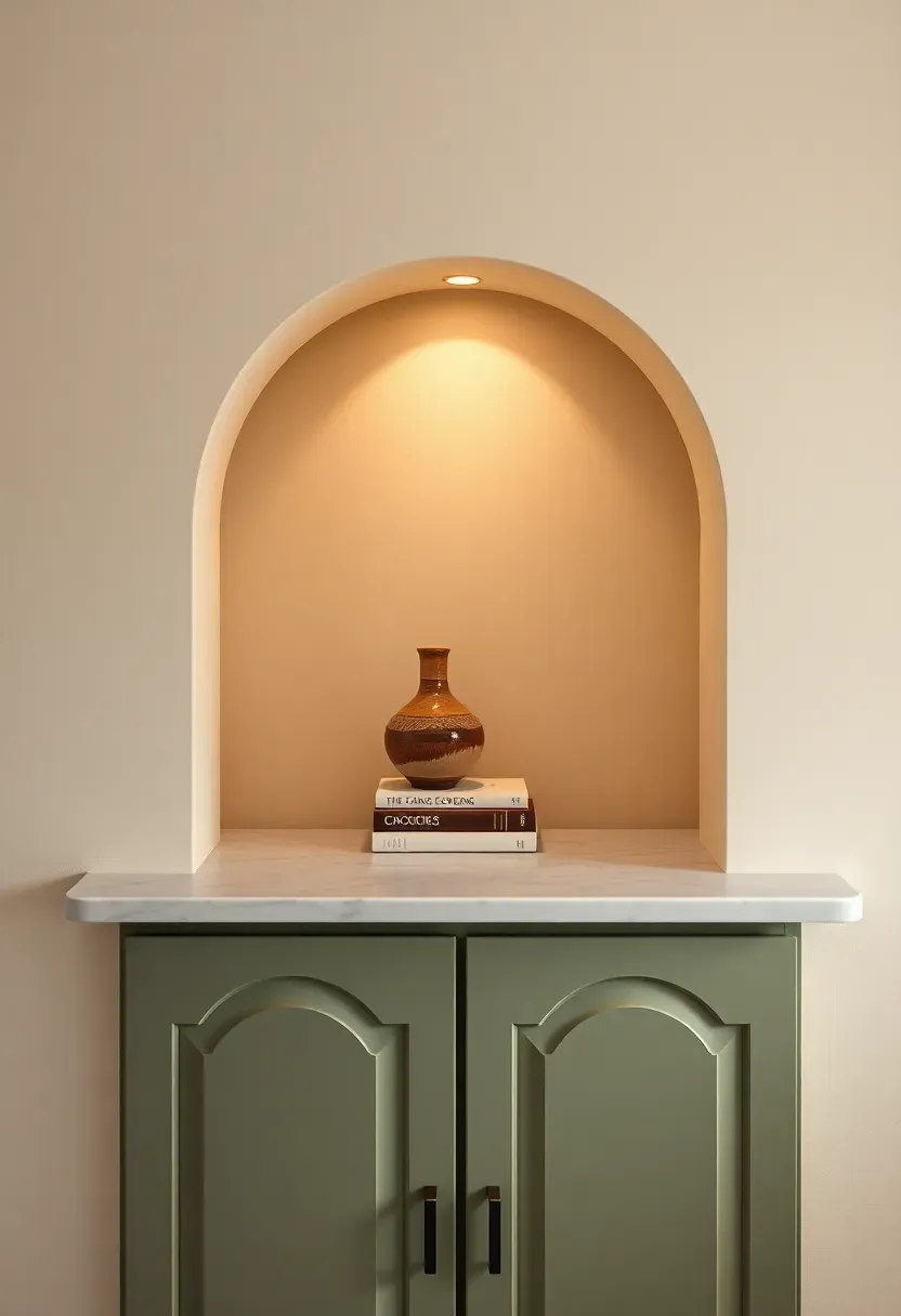 Kitchen with arched open niche above the countertop in plaster finish, displaying ceramic vases and cookbooks, with curved-edge cabinet doors below