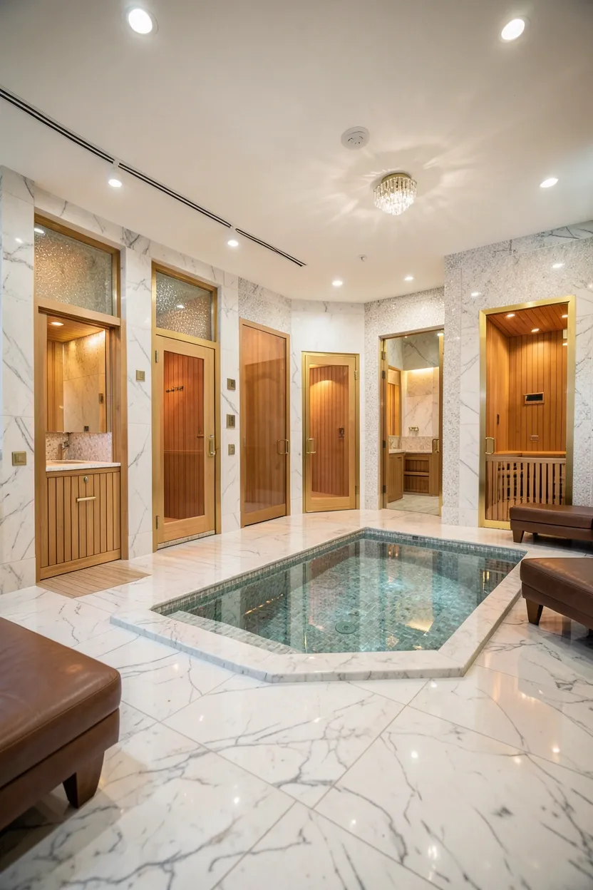 Ultimate home wellness center with traditional cedar sauna, glass infrared sauna, and steam sauna arranged around central marble relaxation hub with cold plunge pool