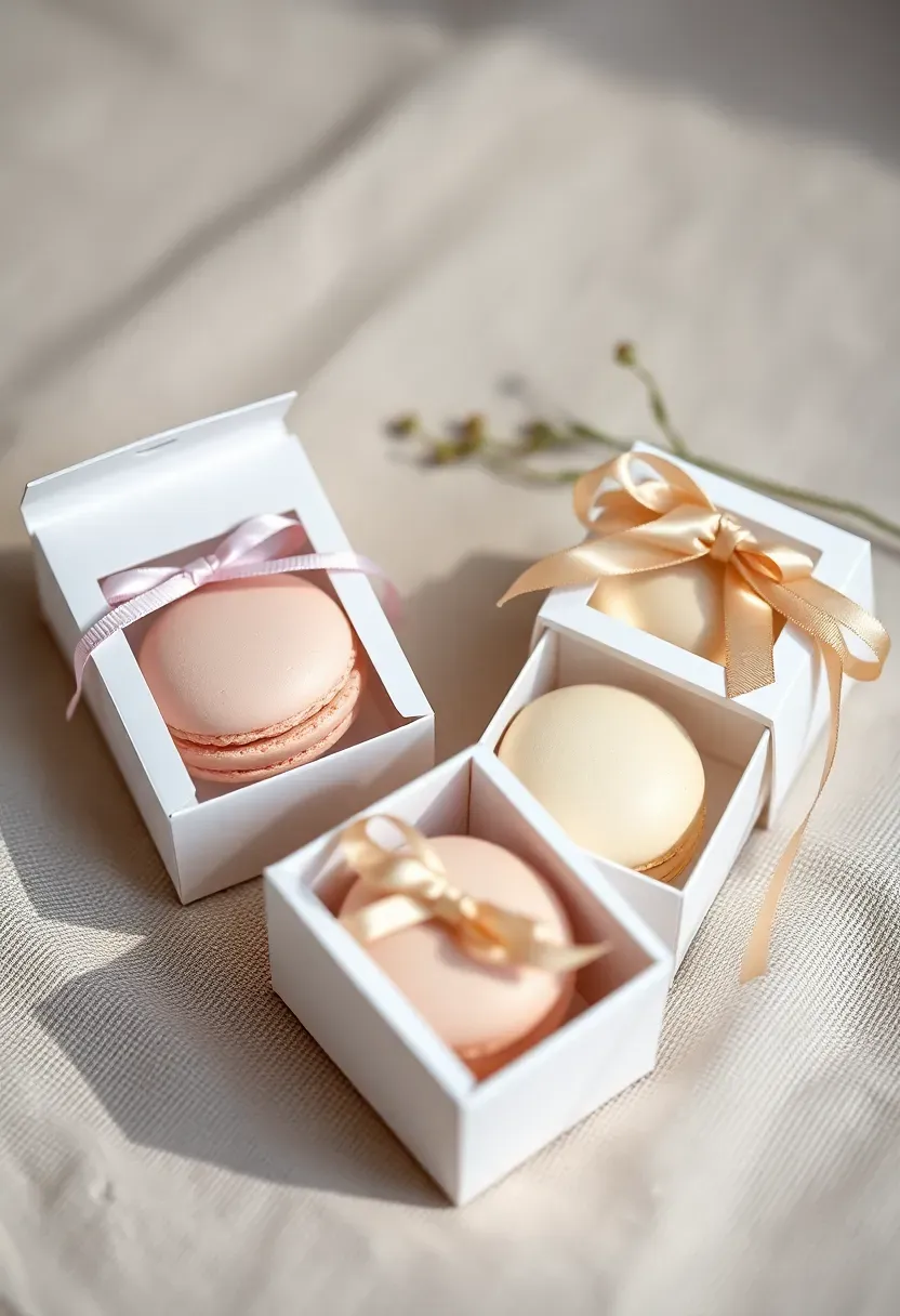 elegant macaron boxes with two pastel macarons each tied with satin ribbon for baby shower