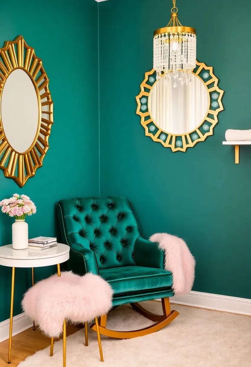 Glam nursery corner with velvet rocker and gold accent mirror