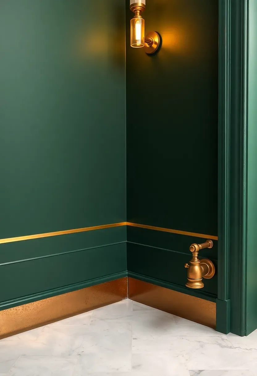 Unlacquered brass kick strip baseboard in a bathroom with dark green painted walls and white marble floor