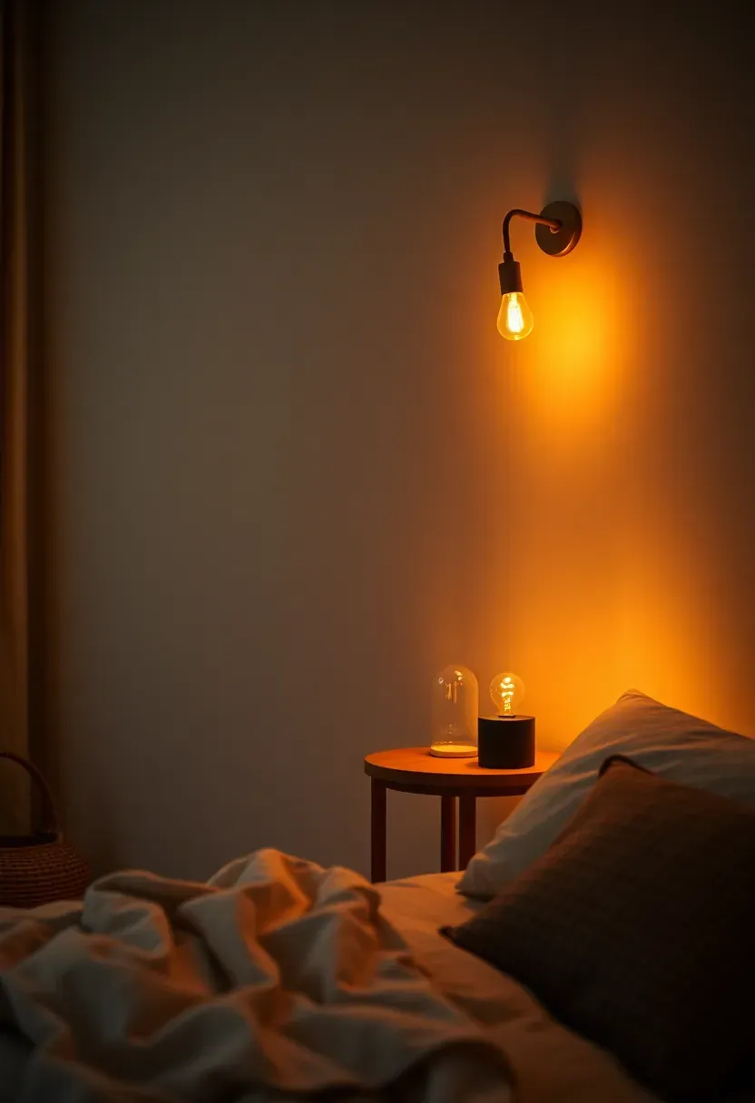 Hyper-realistic evening view of minimalist boho bedroom with layered warm lighting—wall sconces, small bedside lamp, and warm ambient glow. Materials: brass light fixtures, warm LED bulbs, rattan textures visible in low light. Cozy intimate mood with soft shadows. Minimalist decor visible but secondary to lighting effect. No text, no logos, no watermarks.</p>