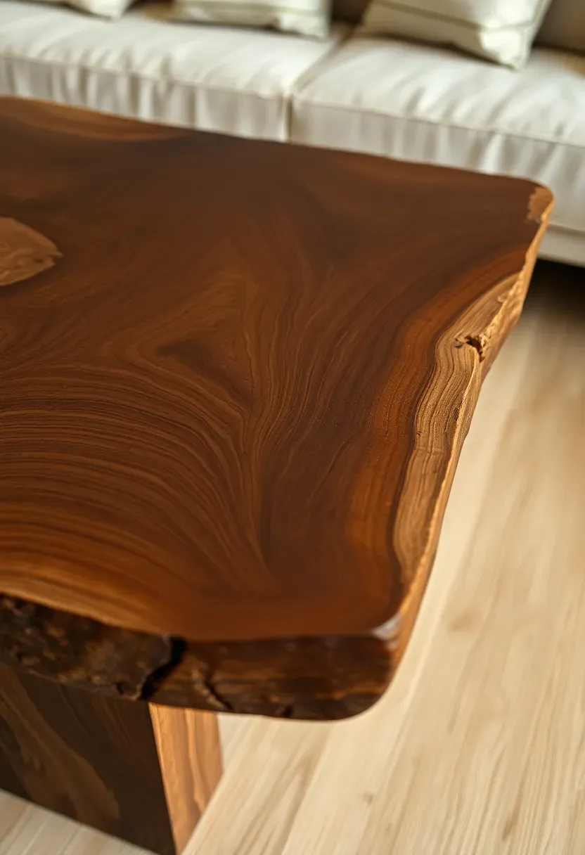 Hyper-realistic slightly elevated close shot of raw edge wood coffee table in Japandi living room: walnut slab table with natural live edge showing organic wavy line and bark inclusion, smooth sanded top surface, matte finish, cream sofa and light wood floor visible beneath and around. Materials: rich walnut wood grain with visible growth rings, natural edge texture, cream linen sofa, light oak floor. Soft side lighting emphasizing wood grain and edge detail. Organic sculptural mood. Sharp focus on table edge texture, medium depth of field, visible room context with neutral sofa. No text, no logos, no watermarks.</p>