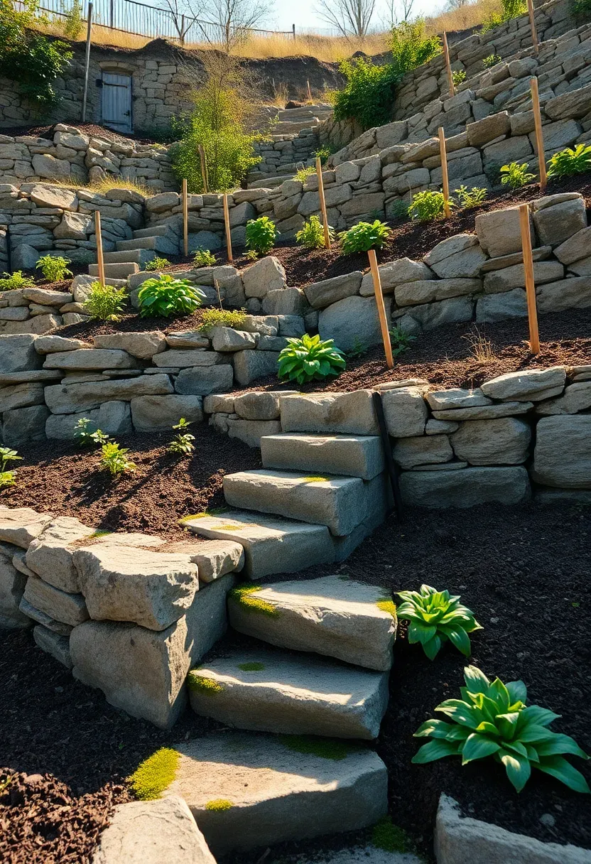 Terraced vegetable garden on a hillside with stone retaining walls and vegetables growing on each level