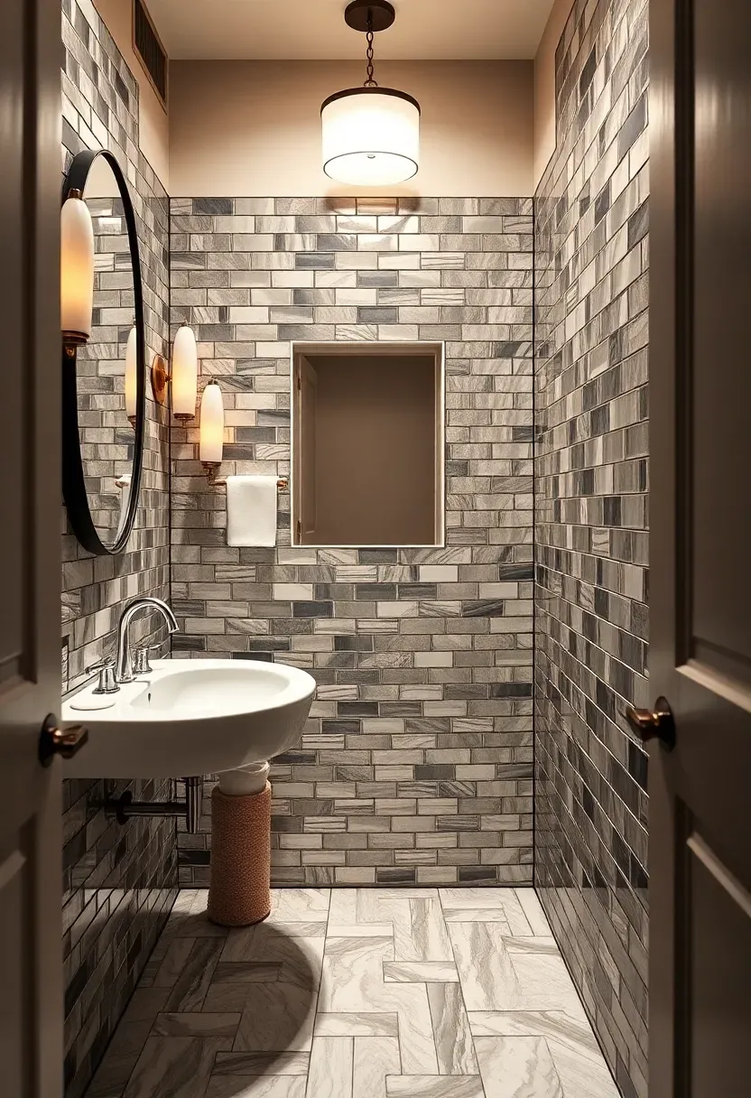 Powder room accent wall covered in antiqued mirror mosaic tiles with bronze veining — light-multiplying glamorous bathroom feature