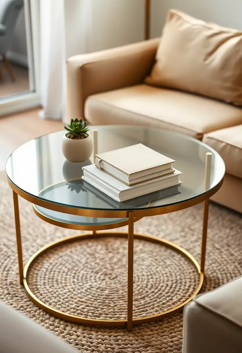 Round glass-top coffee table with a thin brass frame in a small living room, with a nesting side table tucked underneath, styled with a single plant and book