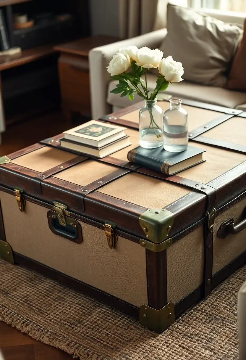 Vintage leather and wood steamer trunk used as a coffee table with stacked books and a vase of flowers on top