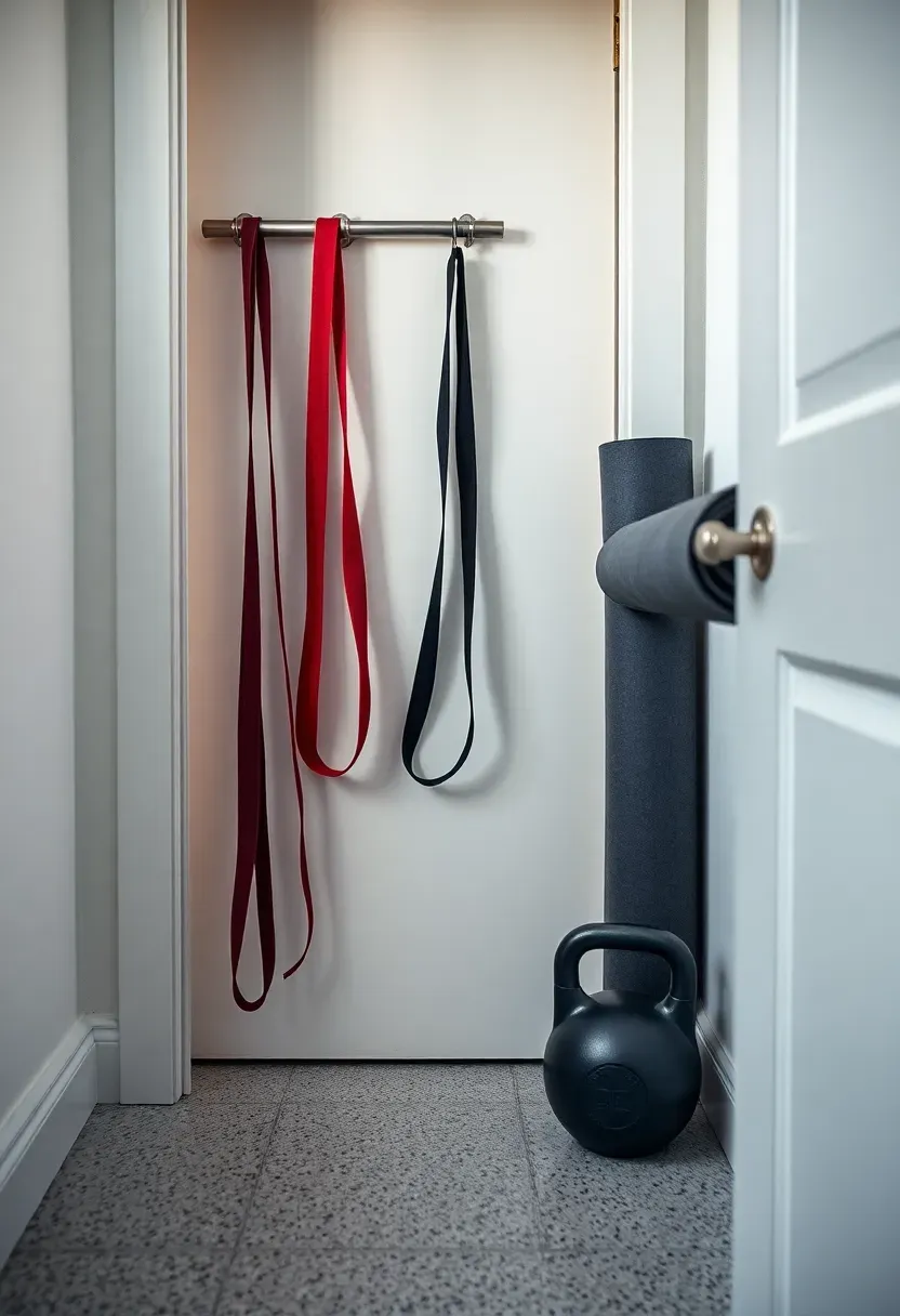 small dorm room corner with resistance bands pull-up bar and yoga mat