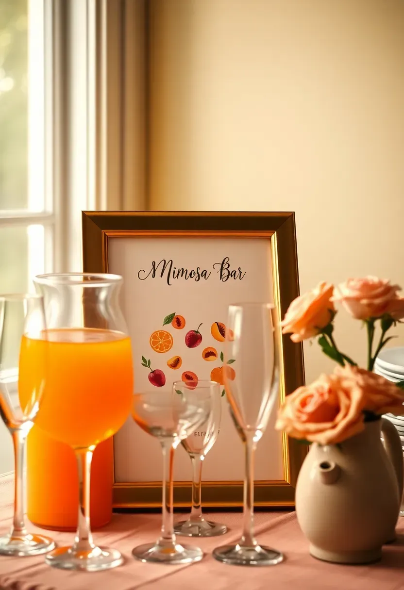 mimosa bar sign at a baby shower with watercolor fruit illustrations listing orange juice cranberry and peach options on thick cardstock in a gold frame