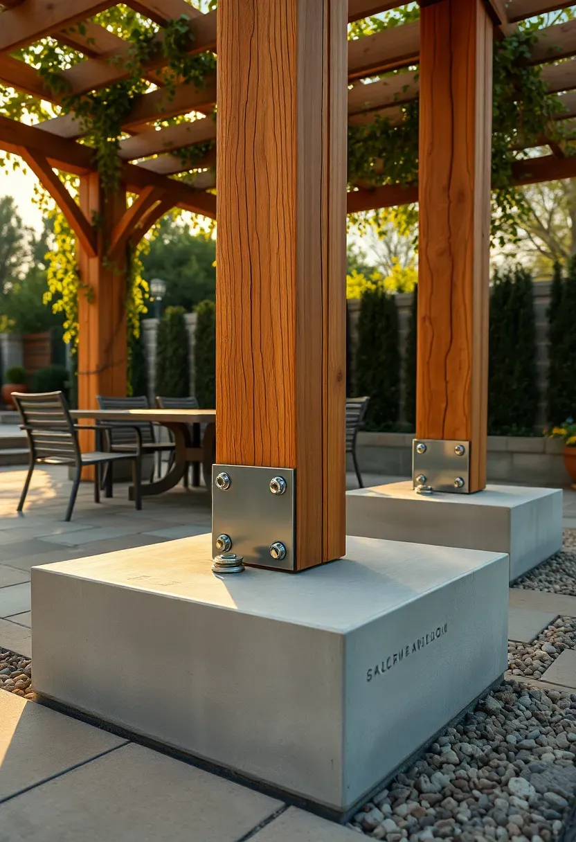 Oversized square concrete pergola footings visible at ground level with a wooden pergola rising above and outdoor furniture beneath in a backyard setting