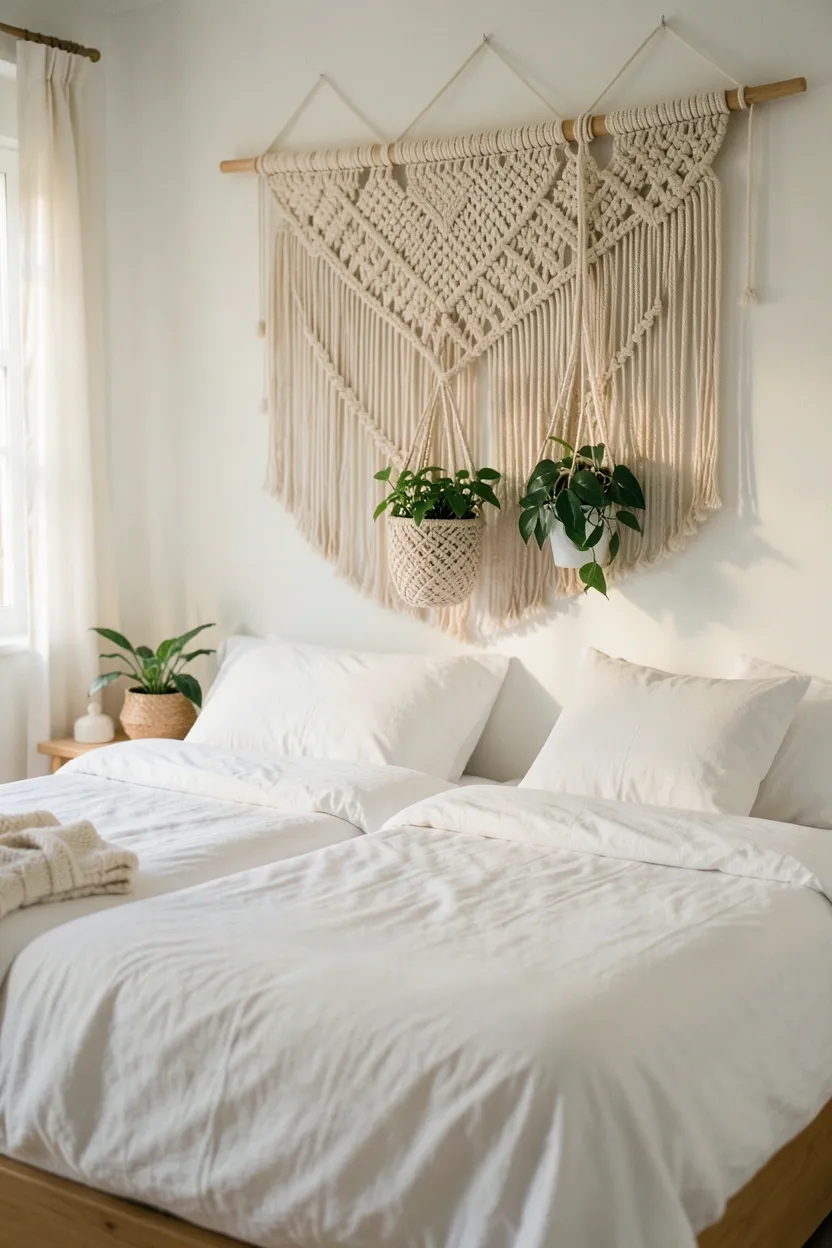 Boho bedroom with large natural cotton macrame wall hanging used as a headboard alternative, with smaller macrame plant hangers on either side