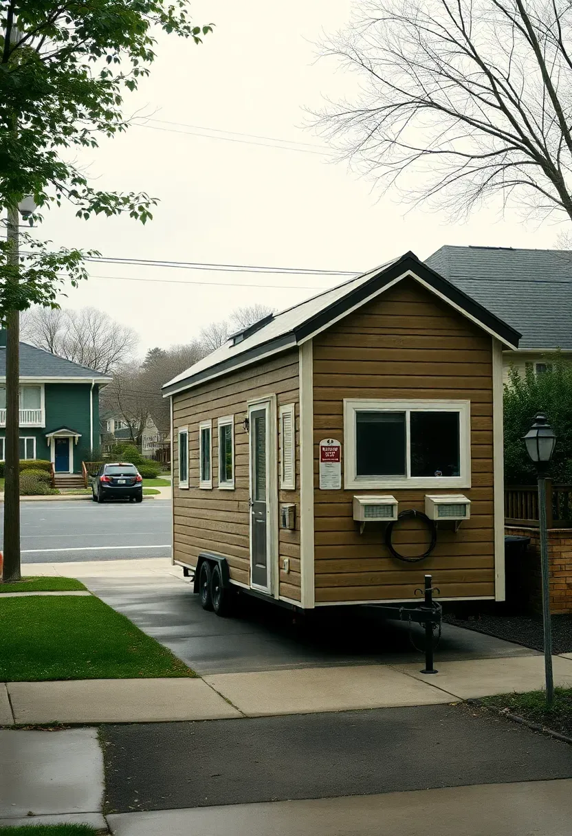 Hyper-realistic documentary-style photograph showing tiny house parked in residential driveway with city street, neighboring houses visible. Subtle signage or paperwork suggesting regulatory context. Natural overcast daylight. Documentary mood showing real-world placement. Sharp details showing house context and surroundings. No text, no logos, no watermarks.</p>