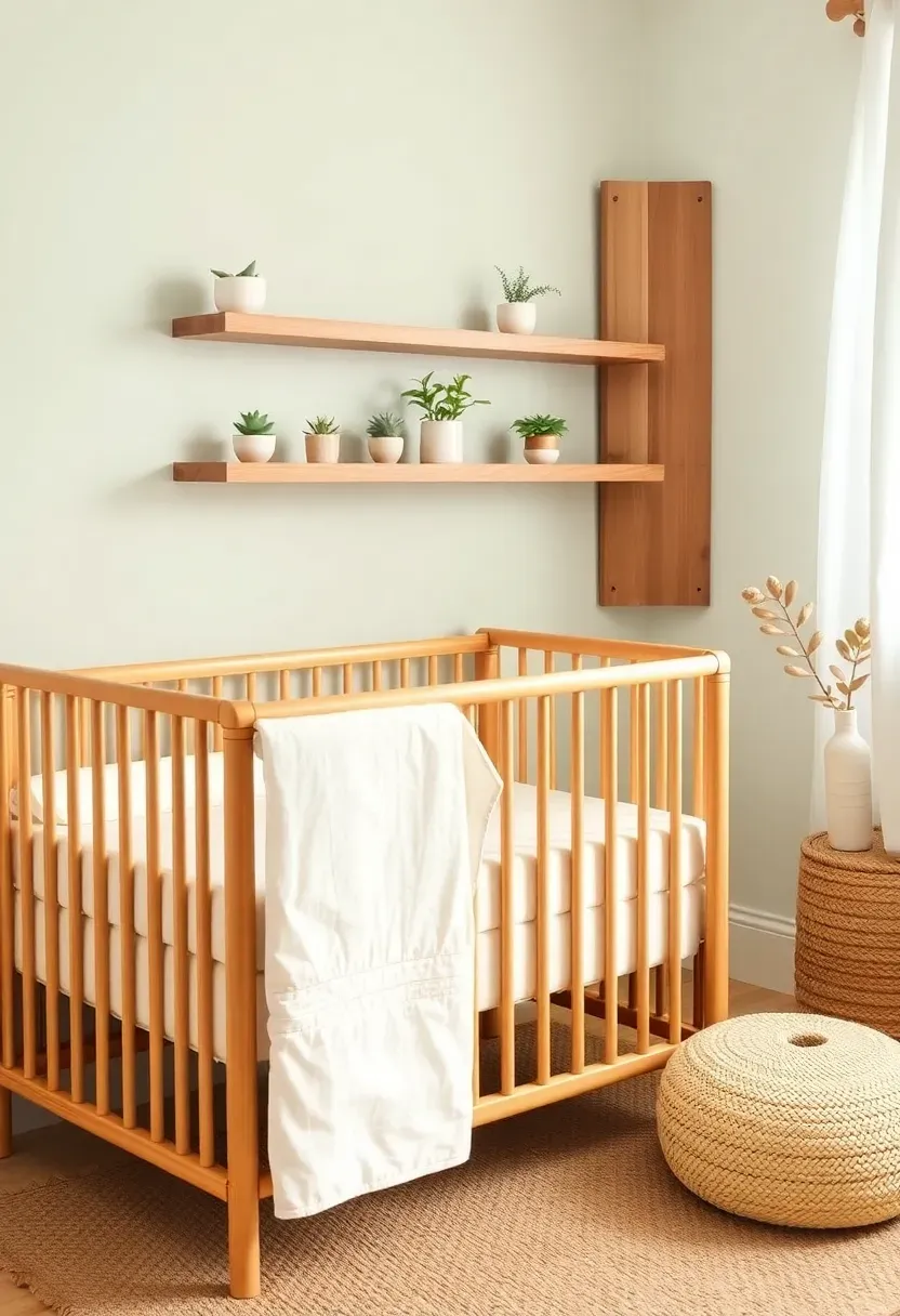 Organic modern nursery corner in parent bedroom with sustainable bamboo shelves, organic cotton crib bedding, and sage green accents