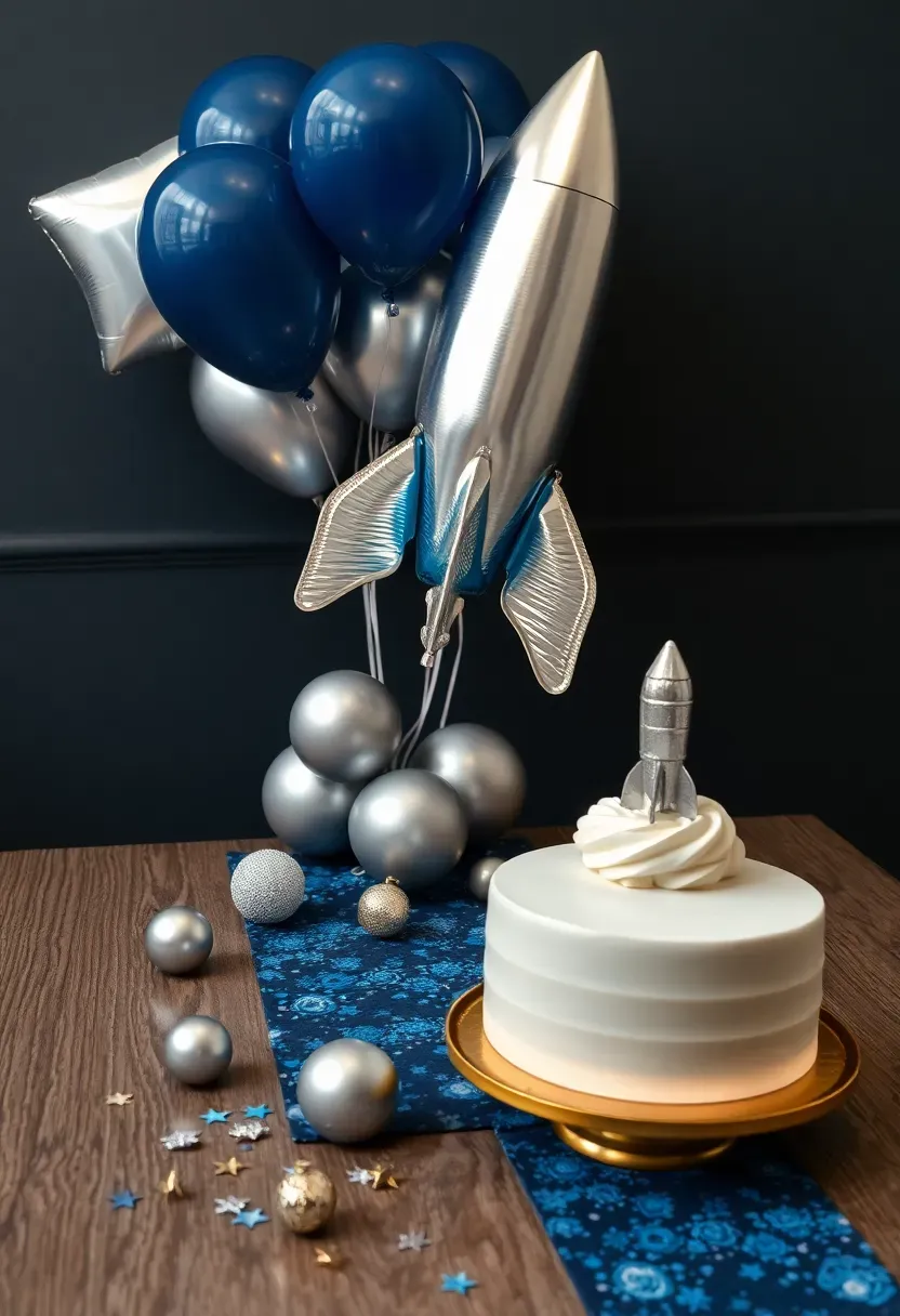 rocket ship space launch baby shower with navy galaxy print table runner, silver metallic balloon rocket, and planet ornaments