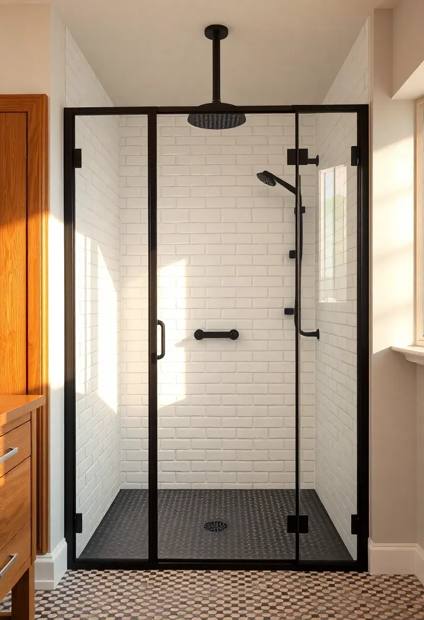 Industrial-style shower enclosure with black-framed Crittall-style glass panel and white subway tile