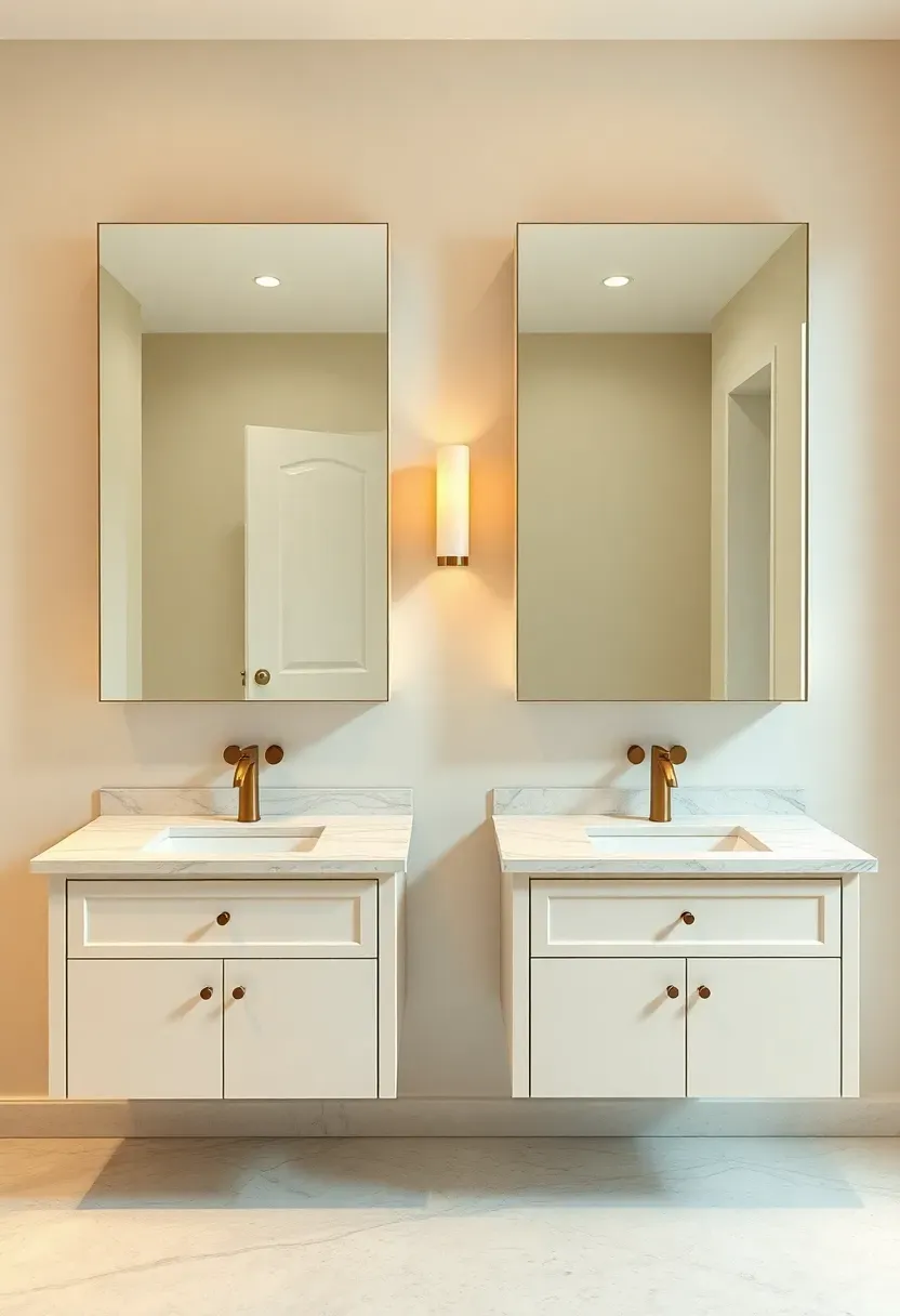 Double floating vanity with recessed mirrored medicine cabinets and LED perimeter lighting in a spacious modern luxury master bathroom