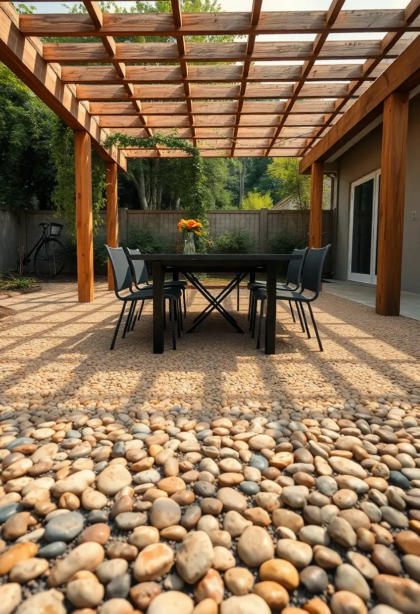An exposed aggregate concrete patio with pebble-textured surface in warm earth tones and a modern outdoor dining set with a pergola overhead casting shadows