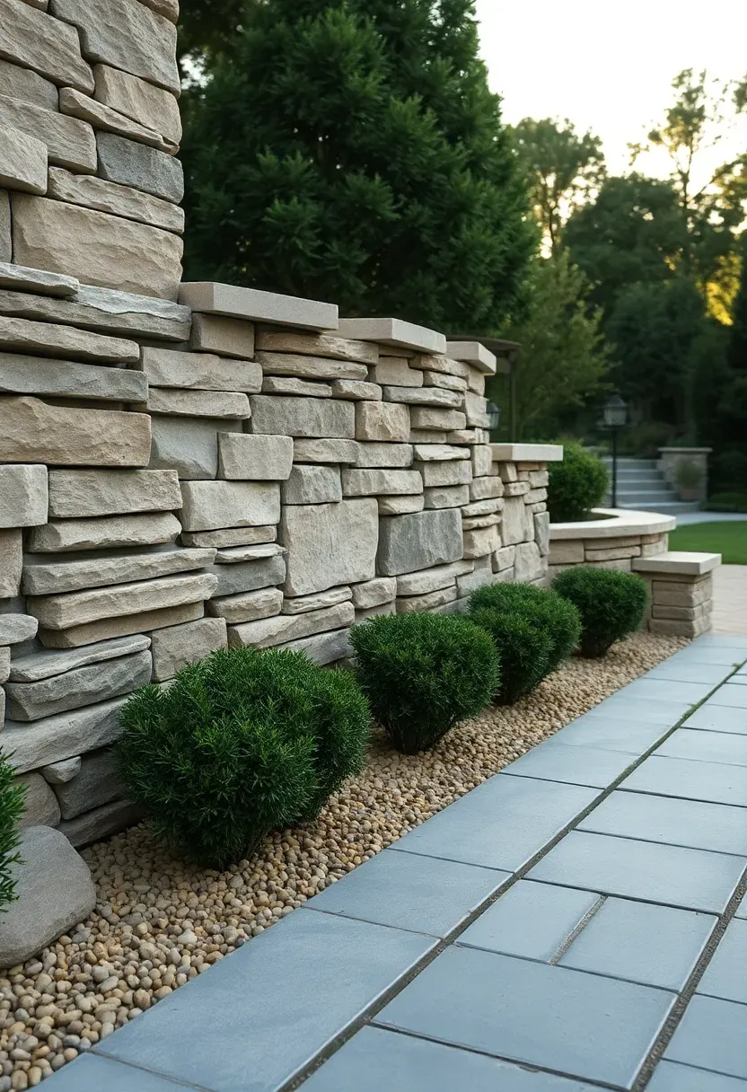 Stacked natural stone accent wall in warm gray and tan tones in a backyard garden setting with low shrubs at the base