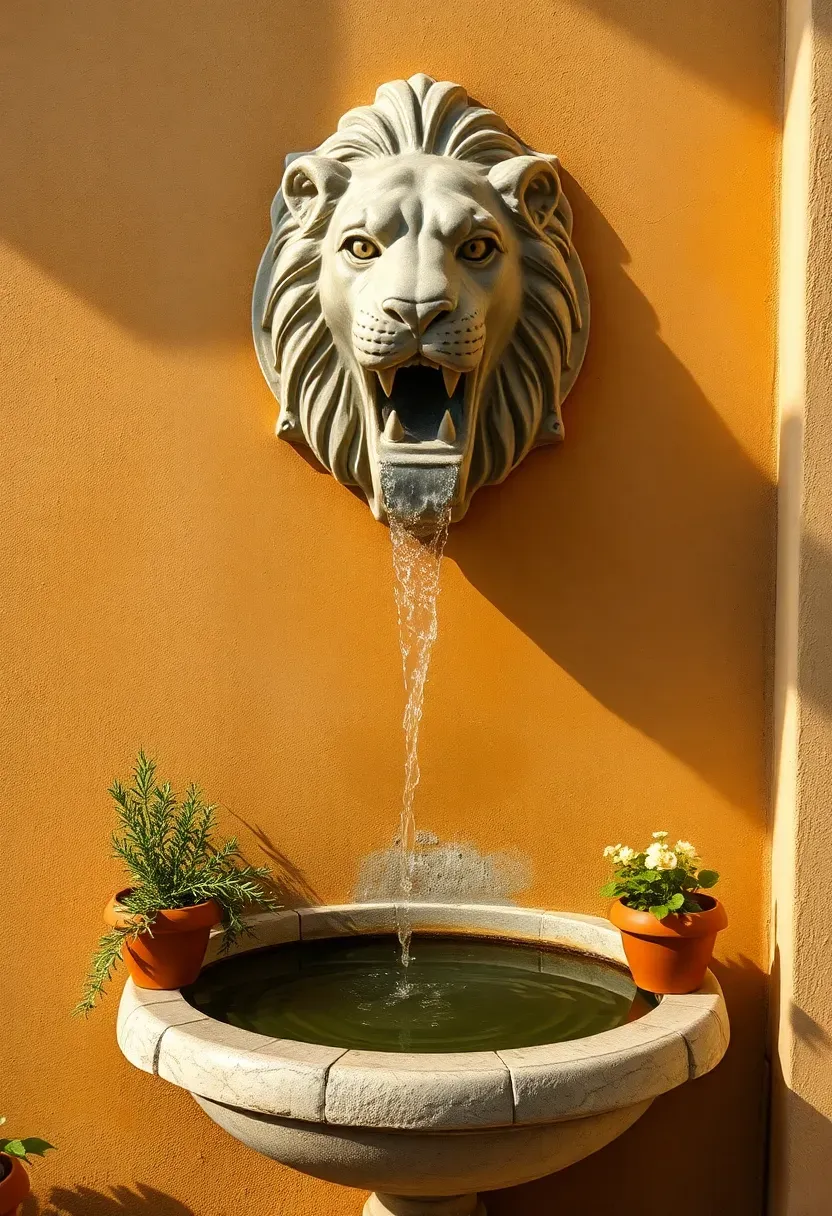 A Mediterranean-style wall fountain with a carved lion head spout pouring water into a semicircular stone basin