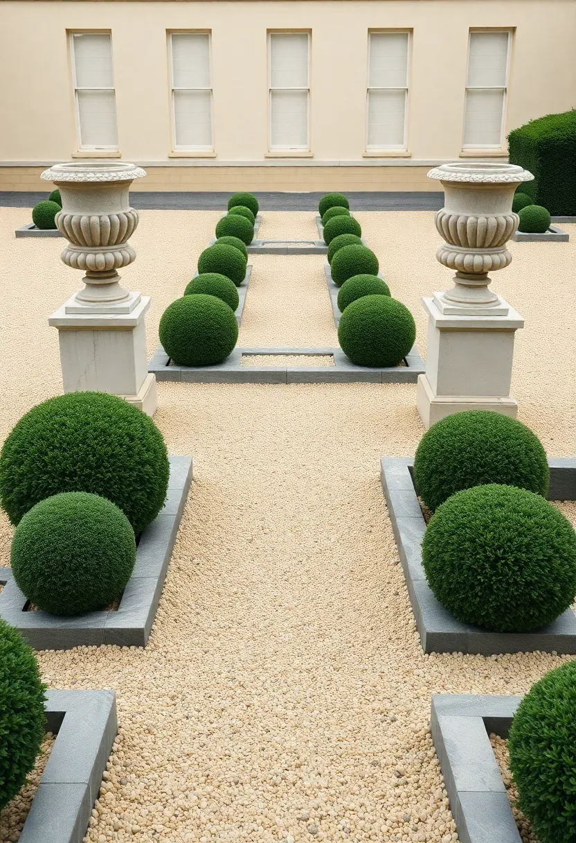 Formal symmetrical garden with matching stone urns, clipped box hedges, and a central rectangular gravel panel framed by low granite kerb stones