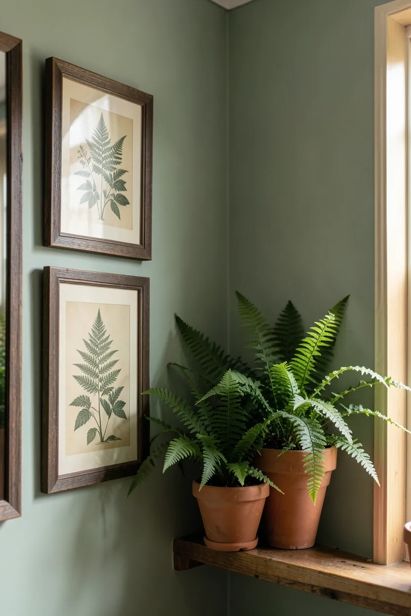 Framed Victorian botanical prints alongside a potted fern and trailing pothos on bathroom shelf