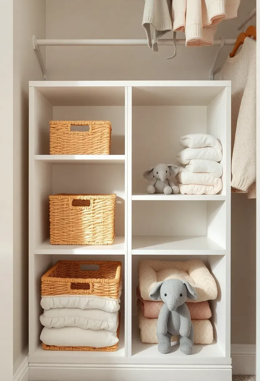 natural woven baskets neatly inserted into white cube shelves inside a baby closet holding folded blankets and towels