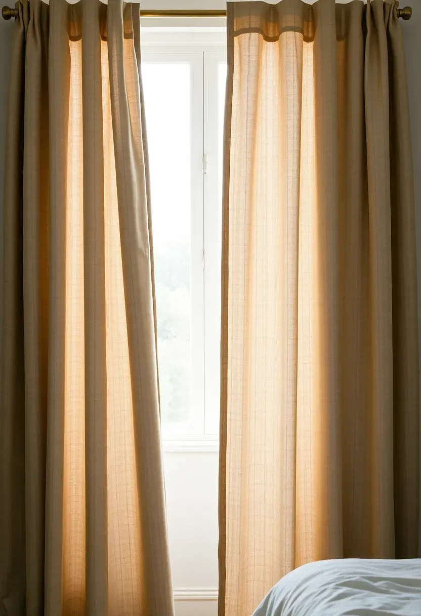 Hyper-realistic straight-on view of floor-length linen curtains in oatmeal color framing window. Materials: natural linen fabric with visible texture, black room-darkening liner edge visible, brass rod. Soft diffused daylight, neutral palette, serene mood. Sharp focus on fabric weave and drape, visible bedroom. No text, no logos, no watermarks.</p>