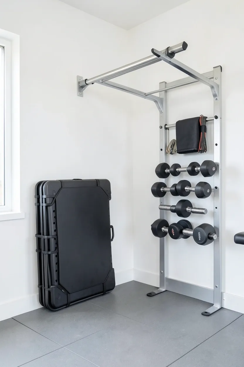 Wall-mounted foldable bench and pull-up bar folded flat against white wall in a small gym room — space-saving renter-friendly equipment solution