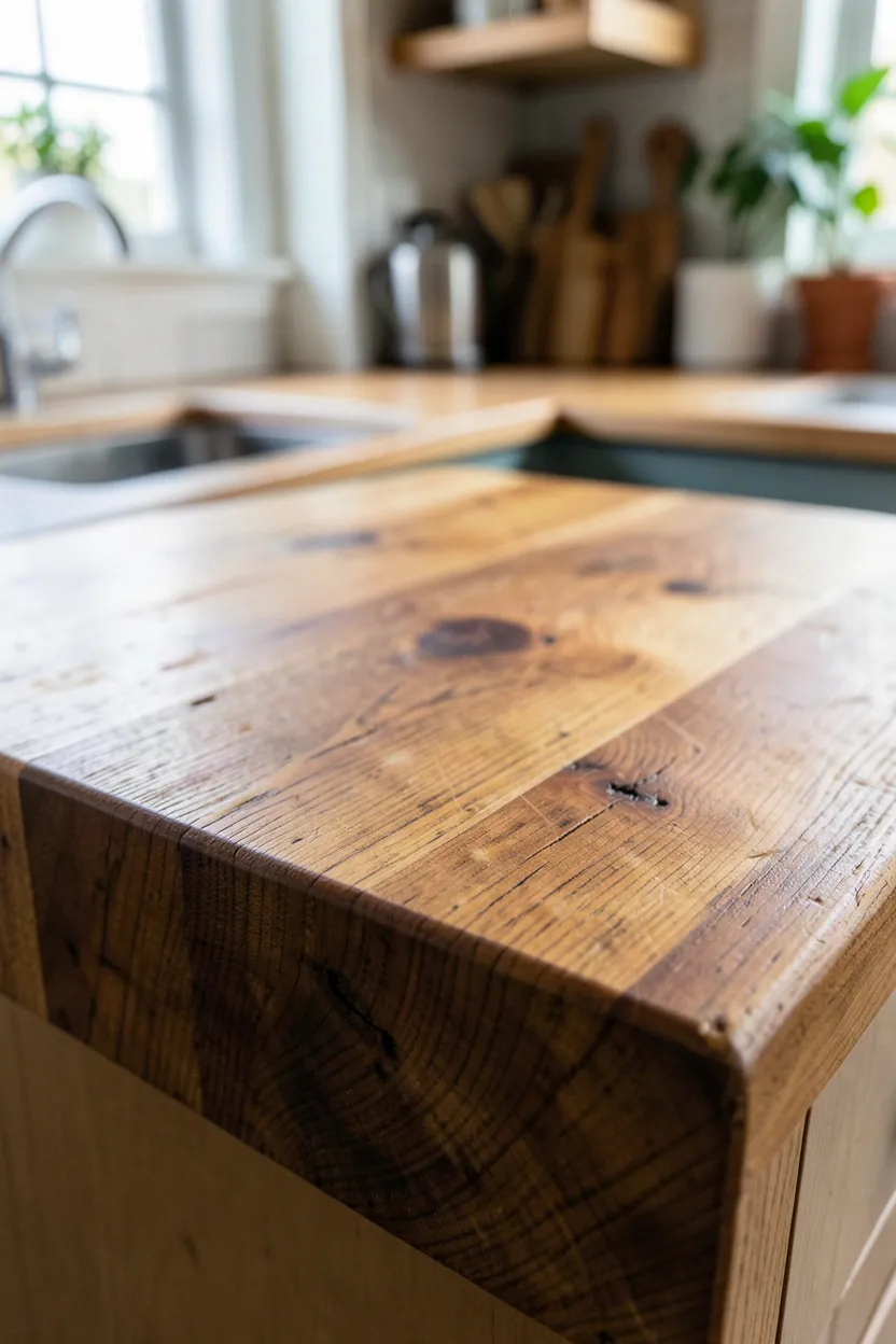 Thick maple butcher block countertop with warm wood grain in a retro-inspired kitchen — vintage work surface with character