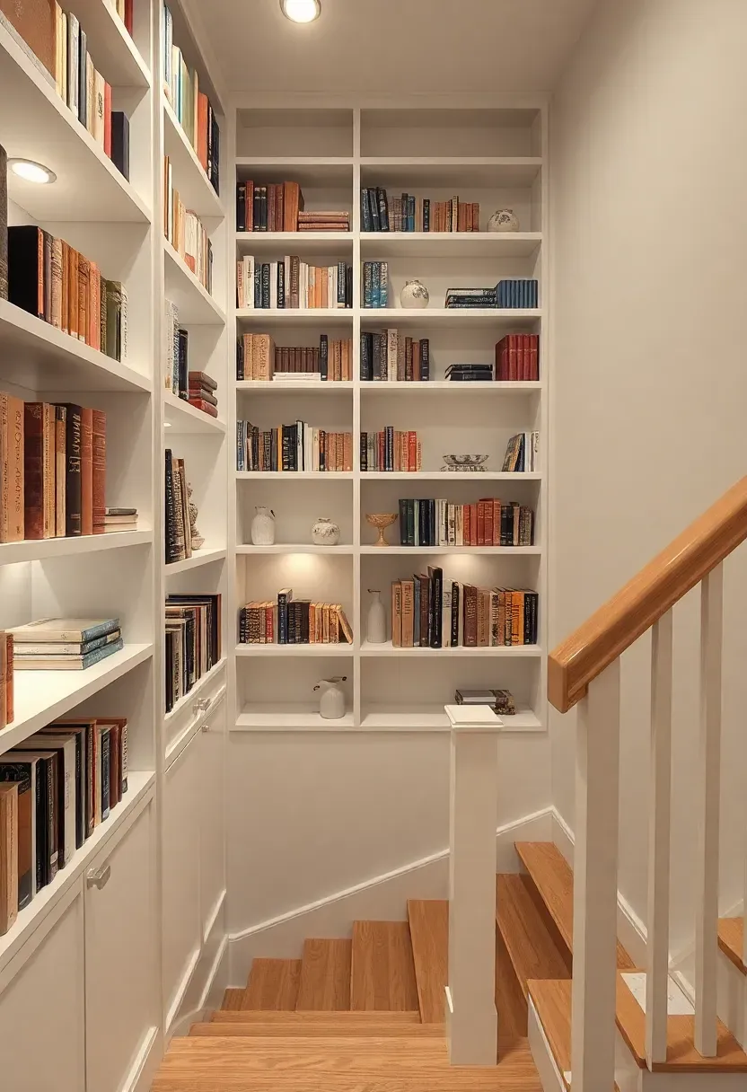 Basement stairwell with a floor-to-ceiling built-in bookshelf covering the entire wall beside the descending staircase filled with books and small objects