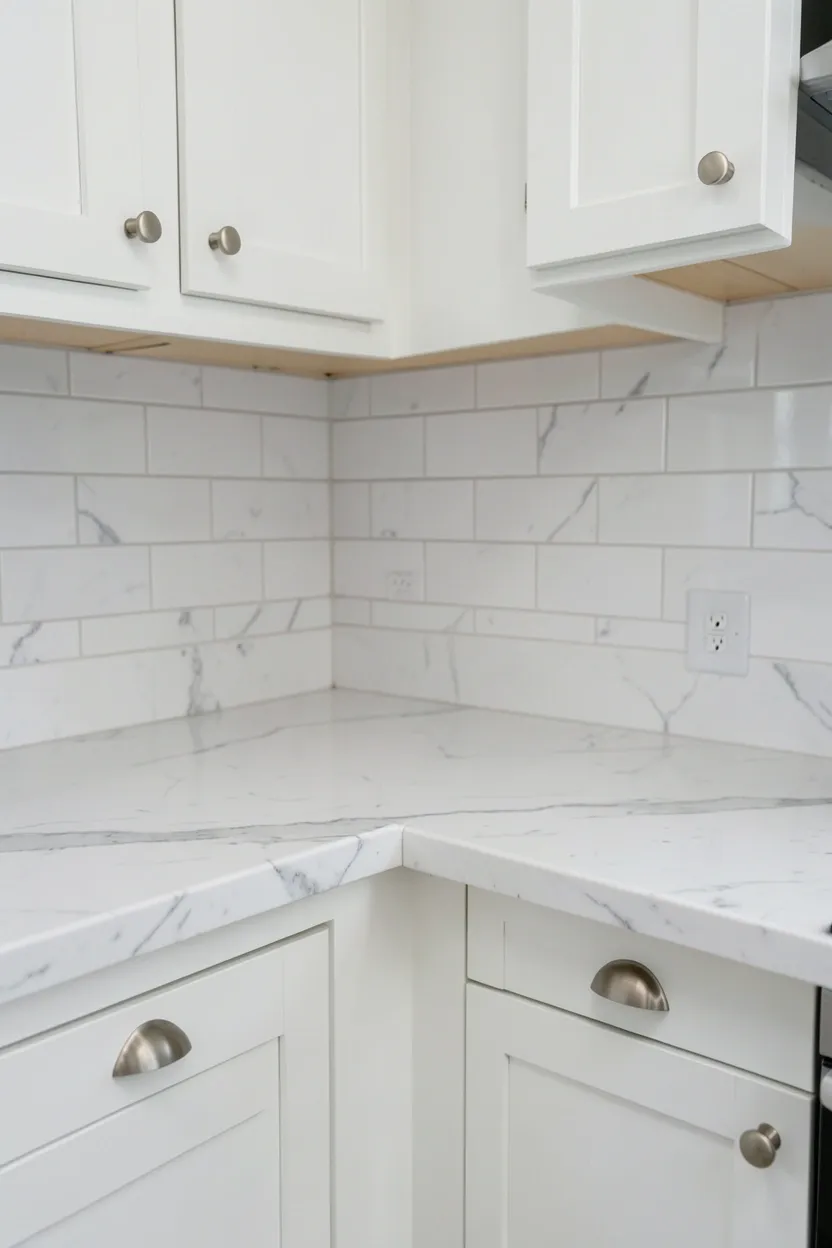 Honed white marble countertops with soft gray veining in a bright coastal kitchen — natural stone surface with light cabinetry and wood accents