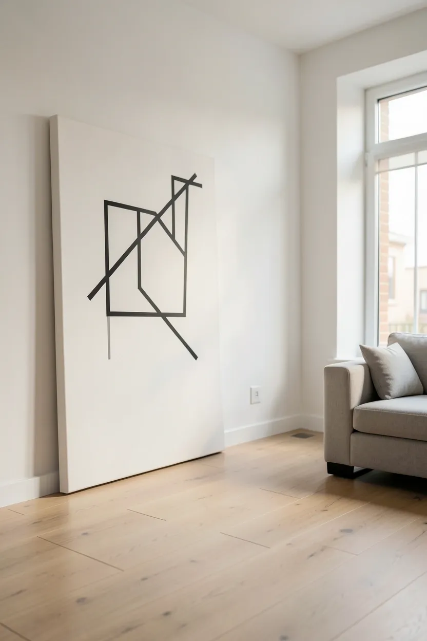 Single framed line art print with simple white frame on a white wall in a Scandinavian apartment living room