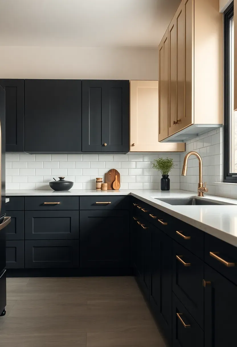 Two-tone kitchen with deep charcoal lower cabinets and warm cream upper cabinets, brass hardware, and subway tile backsplash in bright natural light