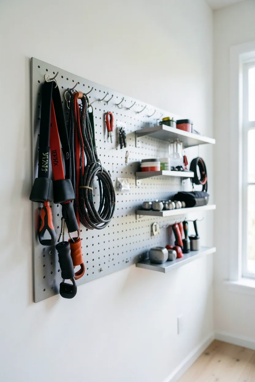 Magnetic wall board organizing resistance bands, jump rope, and small workout accessories in a minimalist home gym
