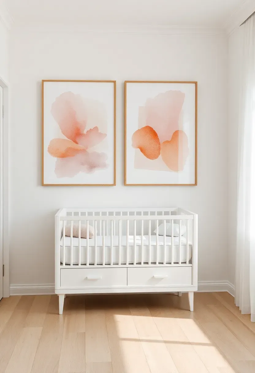 modern art gallery nursery with framed abstract prints on white walls and sleek furniture