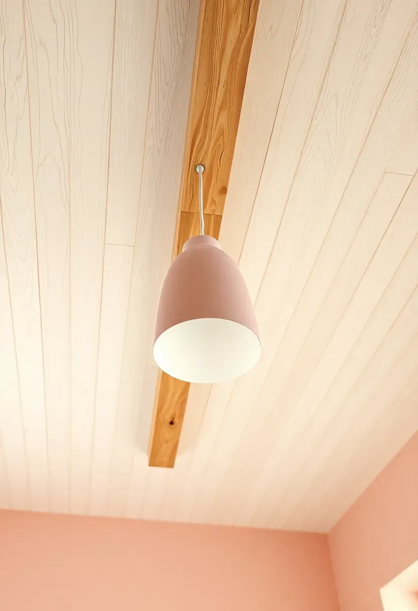 Bedroom ceiling covered in whitewashed wooden planks with a blush pink pendant light and exposed beams